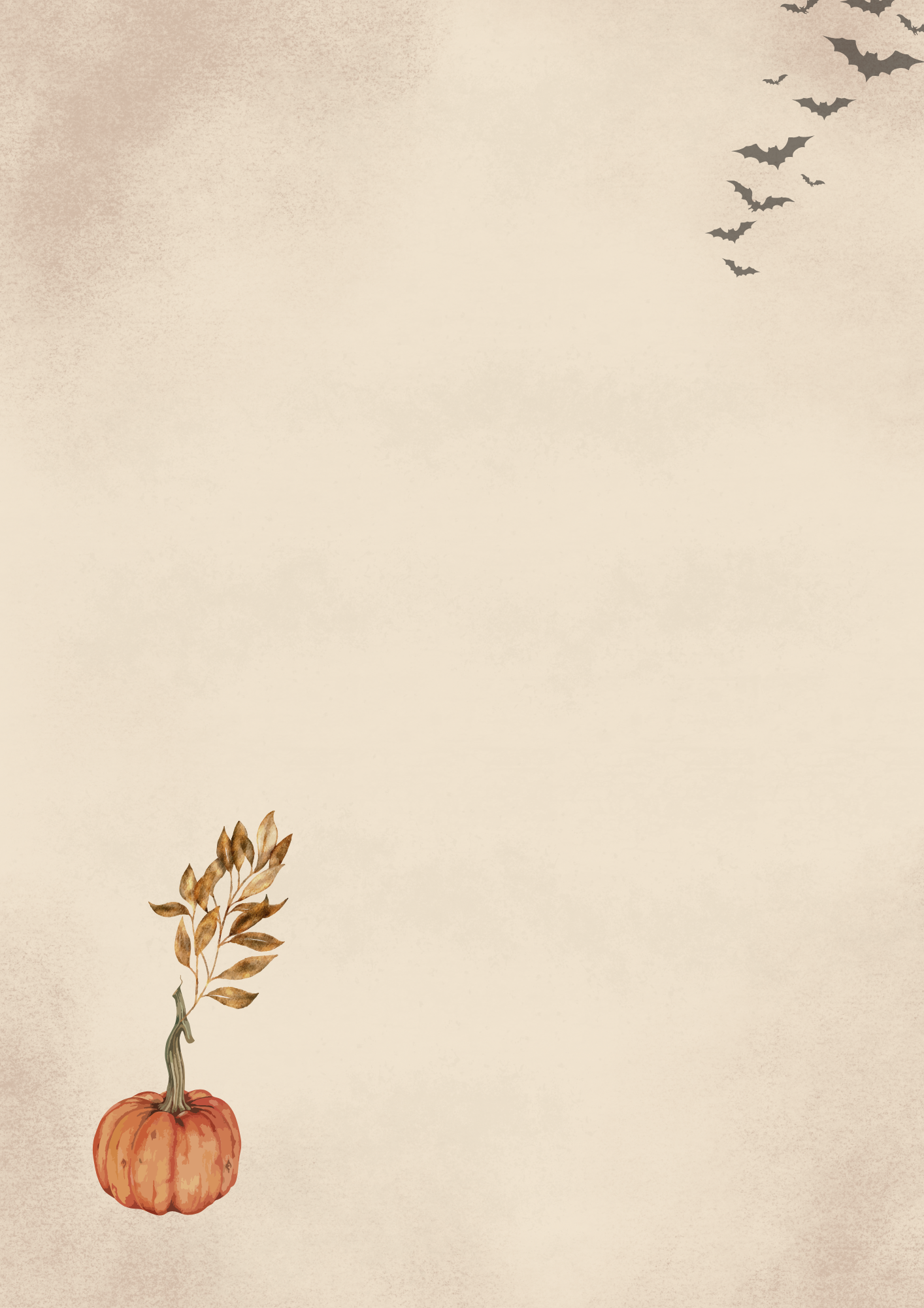 A vintage-style autumn background with a small orange pumpkin and dried leaves in the lower left corner, and a line of flying bats in the upper right on a warm beige textured backdrop.