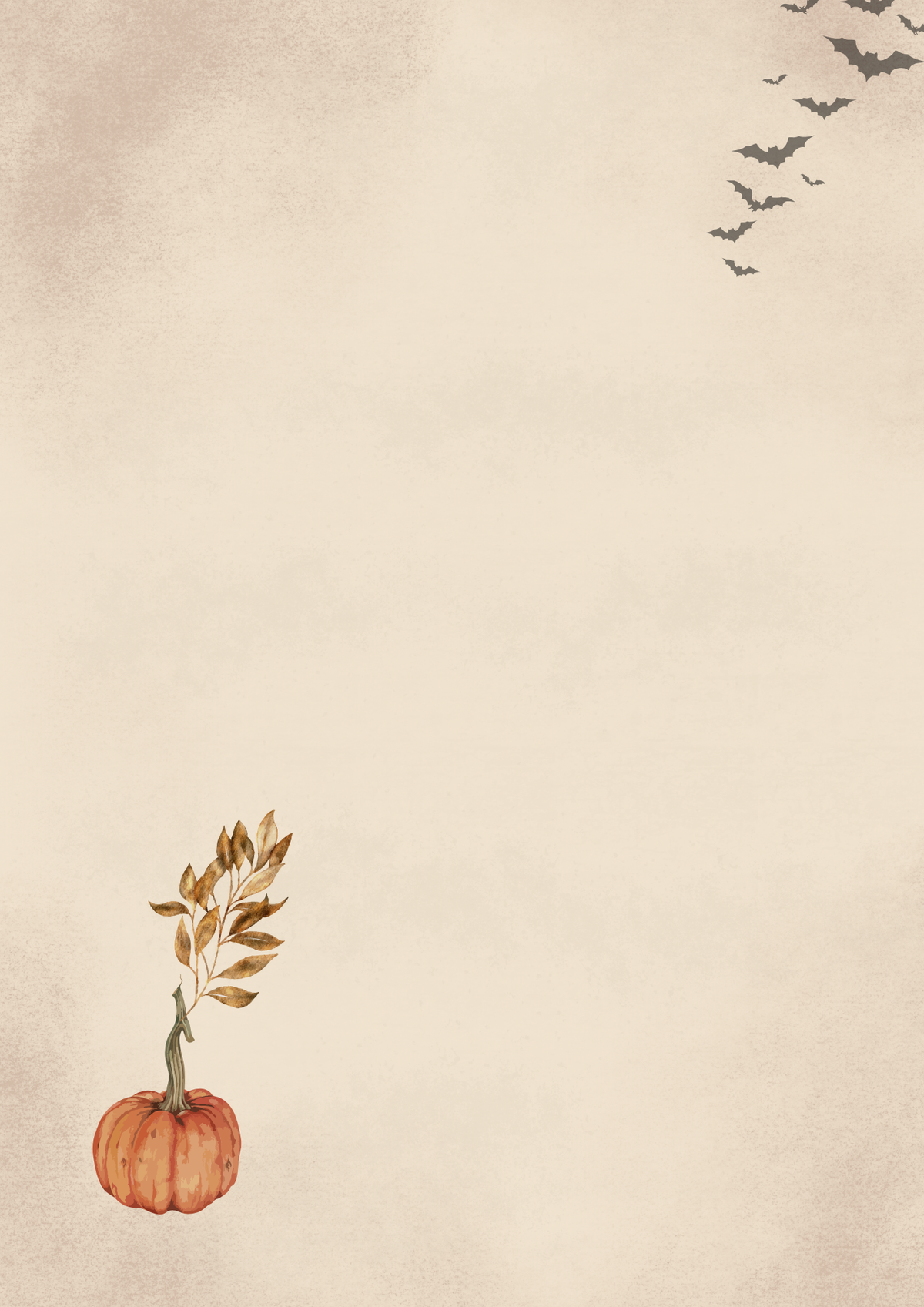 A vintage-style autumn background with a small orange pumpkin and dried leaves in the lower left corner, and a line of flying bats in the upper right on a warm beige textured backdrop.