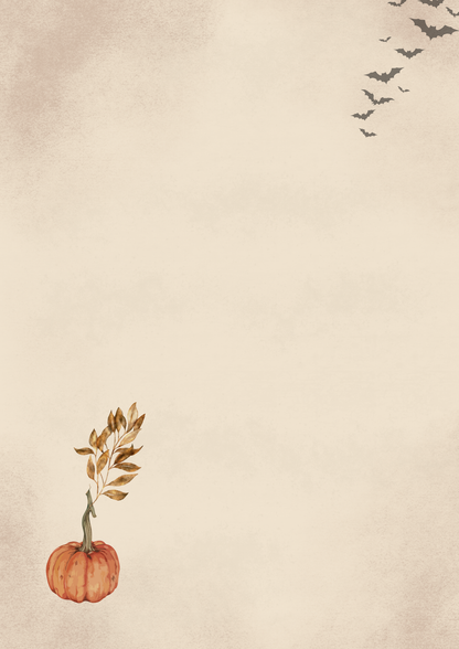 A vintage-style autumn background with a small orange pumpkin and dried leaves in the lower left corner, and a line of flying bats in the upper right on a warm beige textured backdrop.