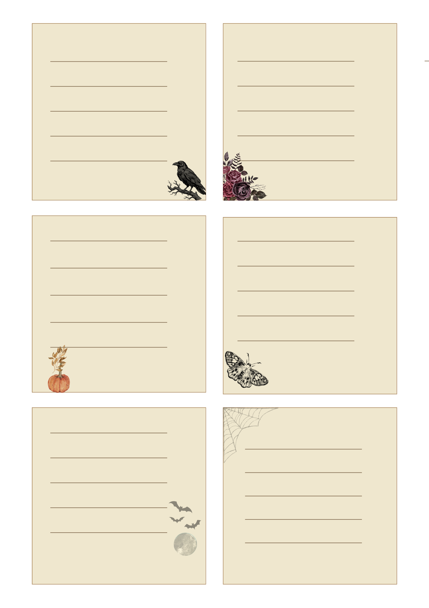 Six cream-colored lined notepad sheets with Halloween-themed illustrations, including a crow, flowers, a pumpkin, a butterfly, bats, and a spiderweb.