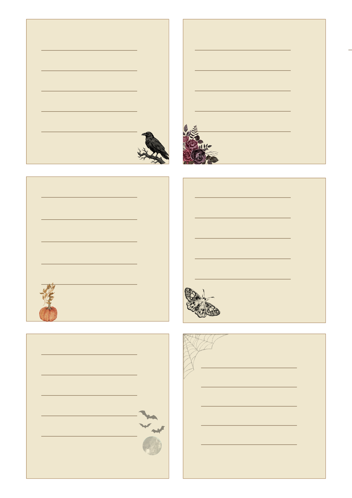 Six cream-colored lined notepad sheets with Halloween-themed illustrations, including a crow, flowers, a pumpkin, a butterfly, bats, and a spiderweb.