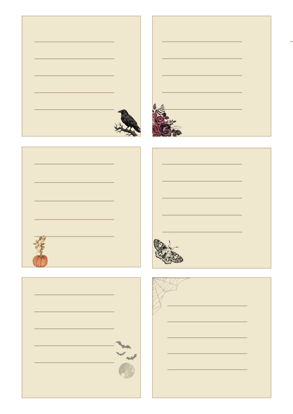Six cream-colored lined notepad sheets with Halloween-themed illustrations, including a crow, flowers, a pumpkin, a butterfly, bats, and a spiderweb.