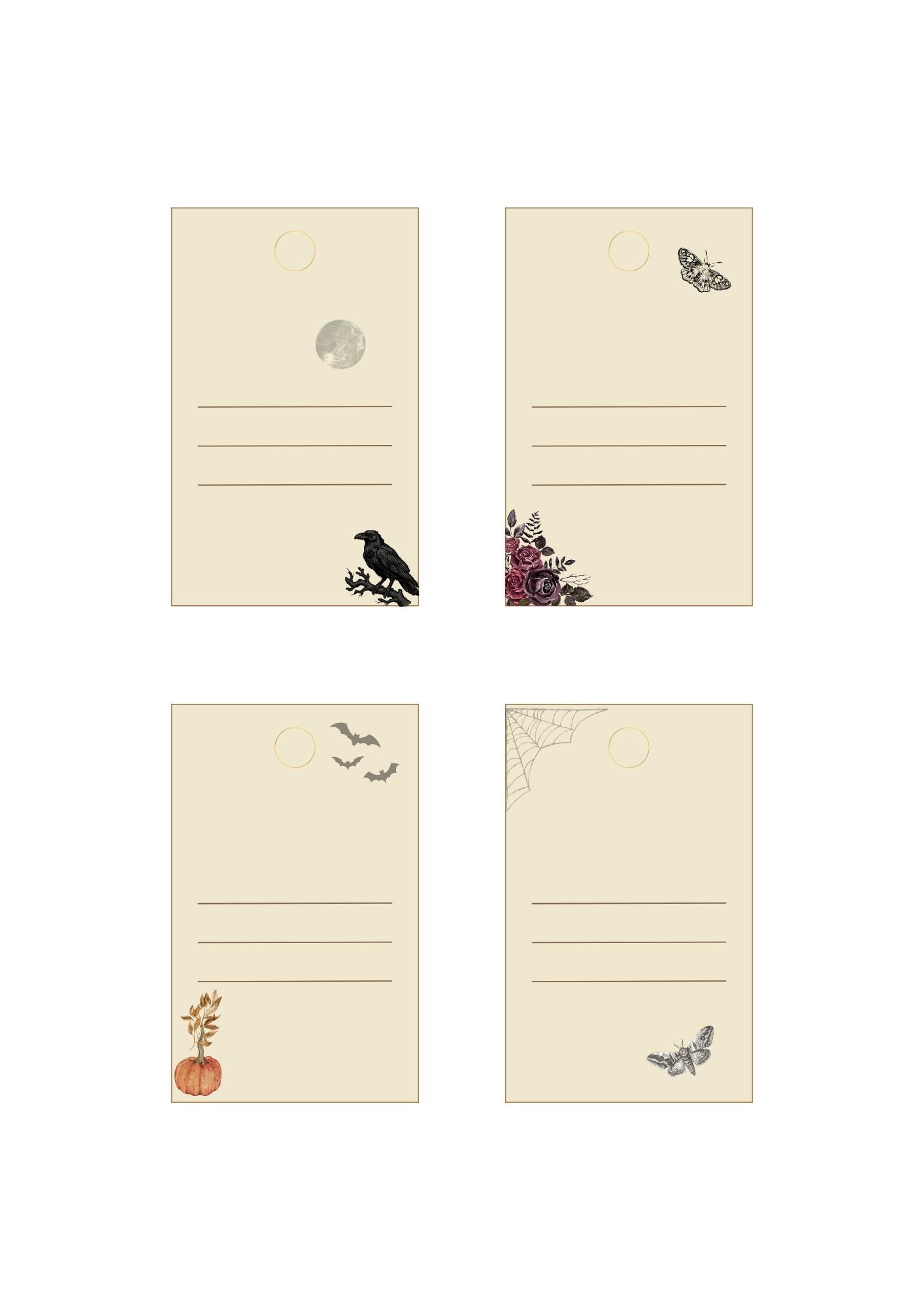 Four cream-colored stationery cards with vintage-style Halloween illustrations, arranged in a 2x2 grid on a white background. The designs include a moon, a raven, flowers, bats, a pumpkin, spiderwebs, and butterflies.