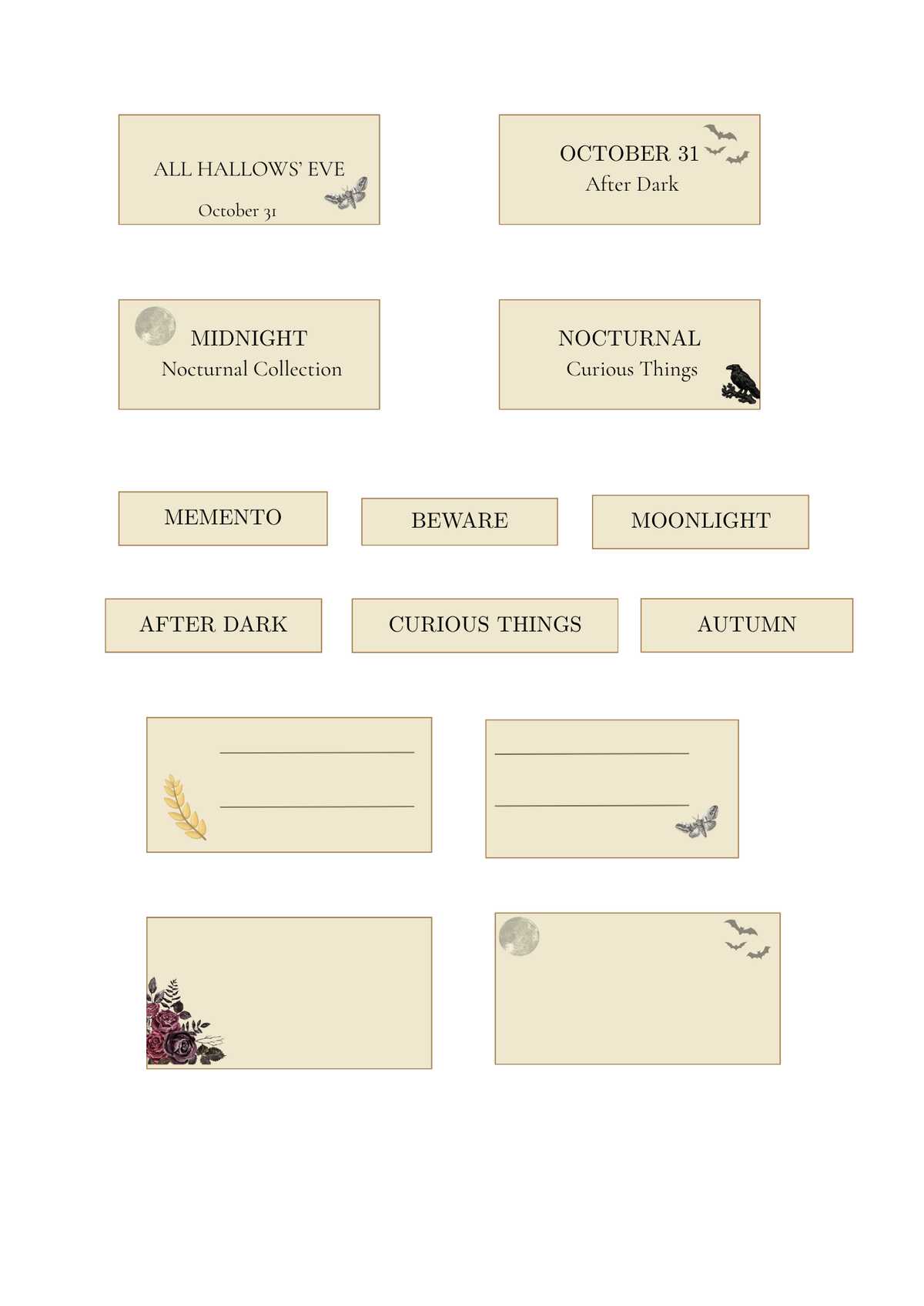 A sheet of cream-colored rectangular labels and envelopes with gothic-themed text and illustrations, including 'ALL HALLOWE'S EVE', 'MIDNIGHT', 'NOCTURNAL', 'MEMENTO', 'BEWARE', 'MOONLIGHT', 'AFTER DARK', 'CURIOUS THINGS', 'AUTUMN', and floral/butterfly moon designs.