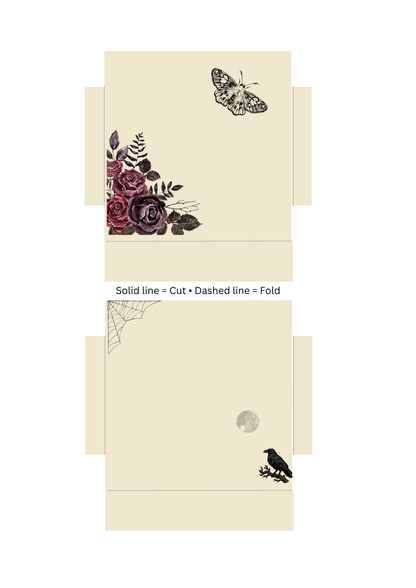 A flat layout diagram of a cream-colored paper envelope or card with decorative printed illustrations, including a butterfly, roses, spiderweb, moon, and a crow. The layout includes printed instructions reading 'Solid line = Cut • Dashed line = Fold'.