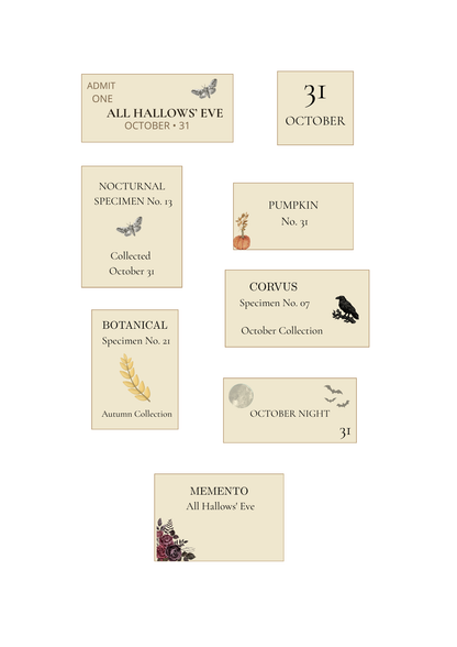 A set of autumn-themed collection cards or labels arranged on a white background, featuring beige rectangular cards with black text and small seasonal illustrations such as a butterfly, pumpkin, raven, wheat stalk, moon, and flowers.
