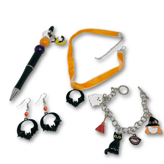 Collection of Halloween-themed jewelry and accessories.