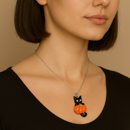 Halloween themed silver necklace with black cat on orange pumpkin.