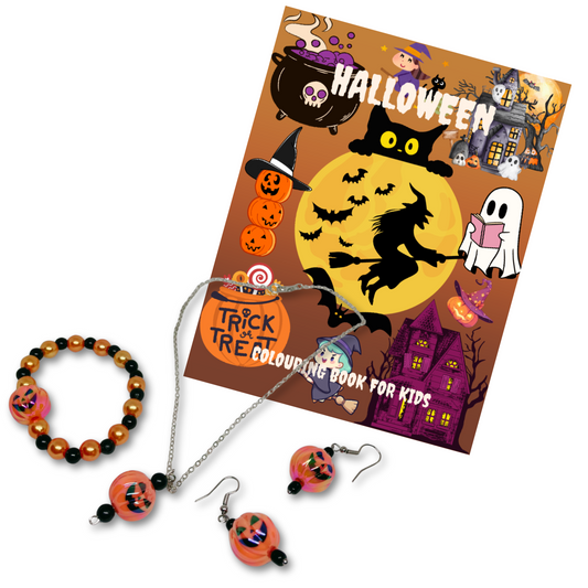 Halloween-themed colouring book with bracelet, necklace, and earrings.