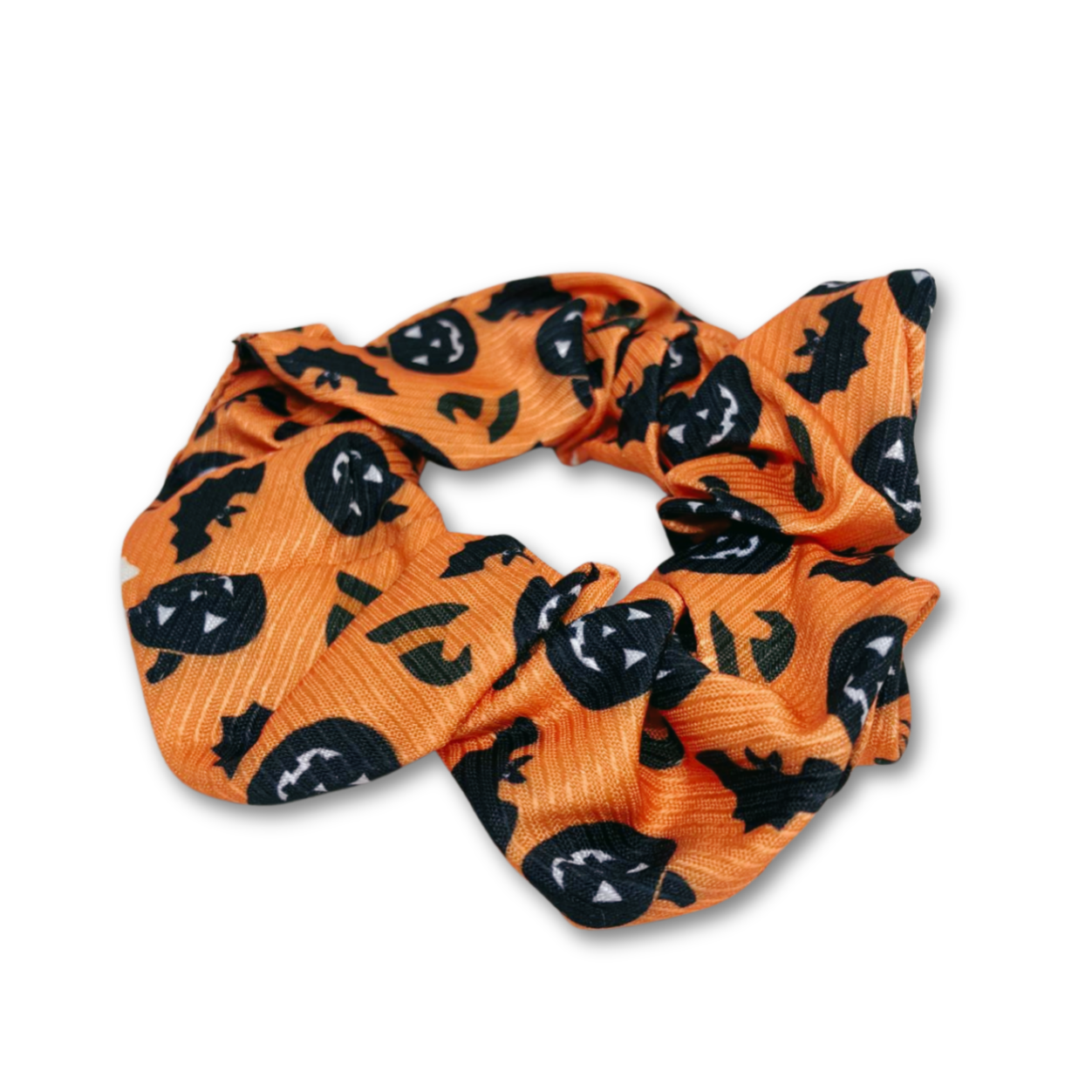 Orange scrunchie with black pumpkin pattern