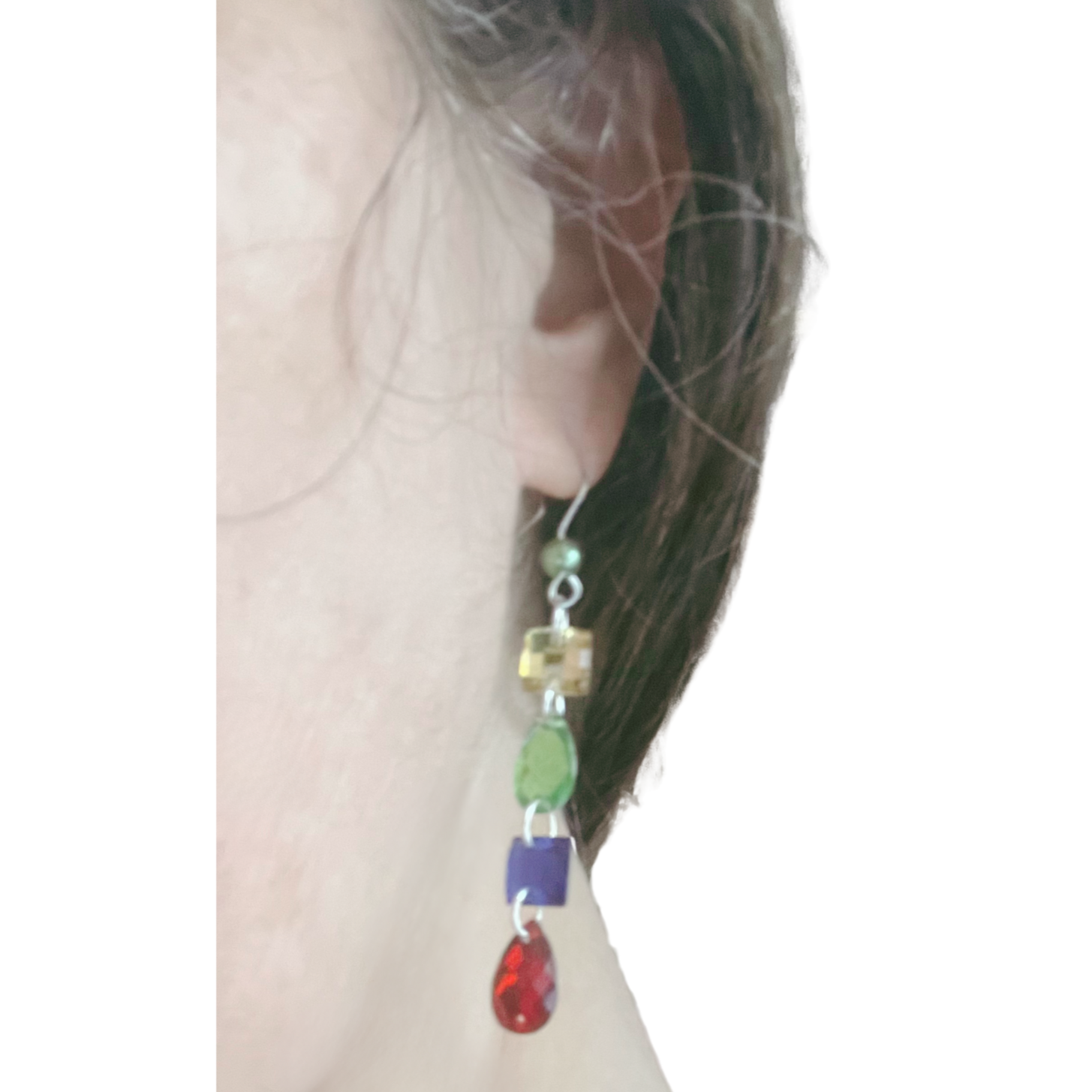 Dangling multi-coloured glass beads.