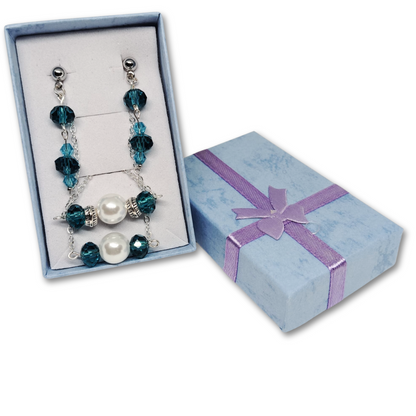 Gift Box for women featuring Clear Blue Beaded necklace and earrings with silver pearls and gift box