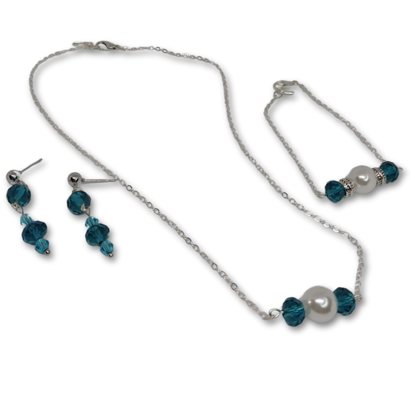 Jewelry gift for women featuring Clear Blue Beaded necklace and earrings with silver pearls