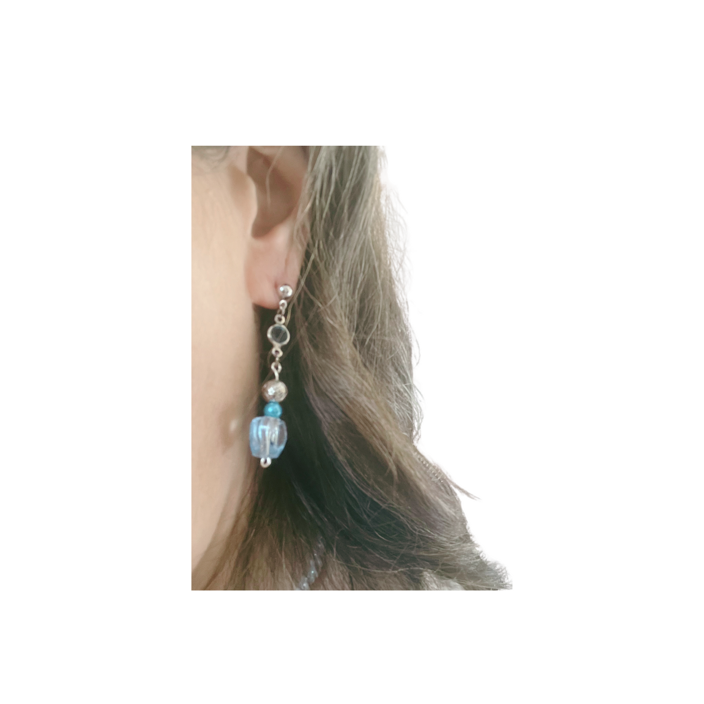 Light blue heart with silver bead dangling earrings