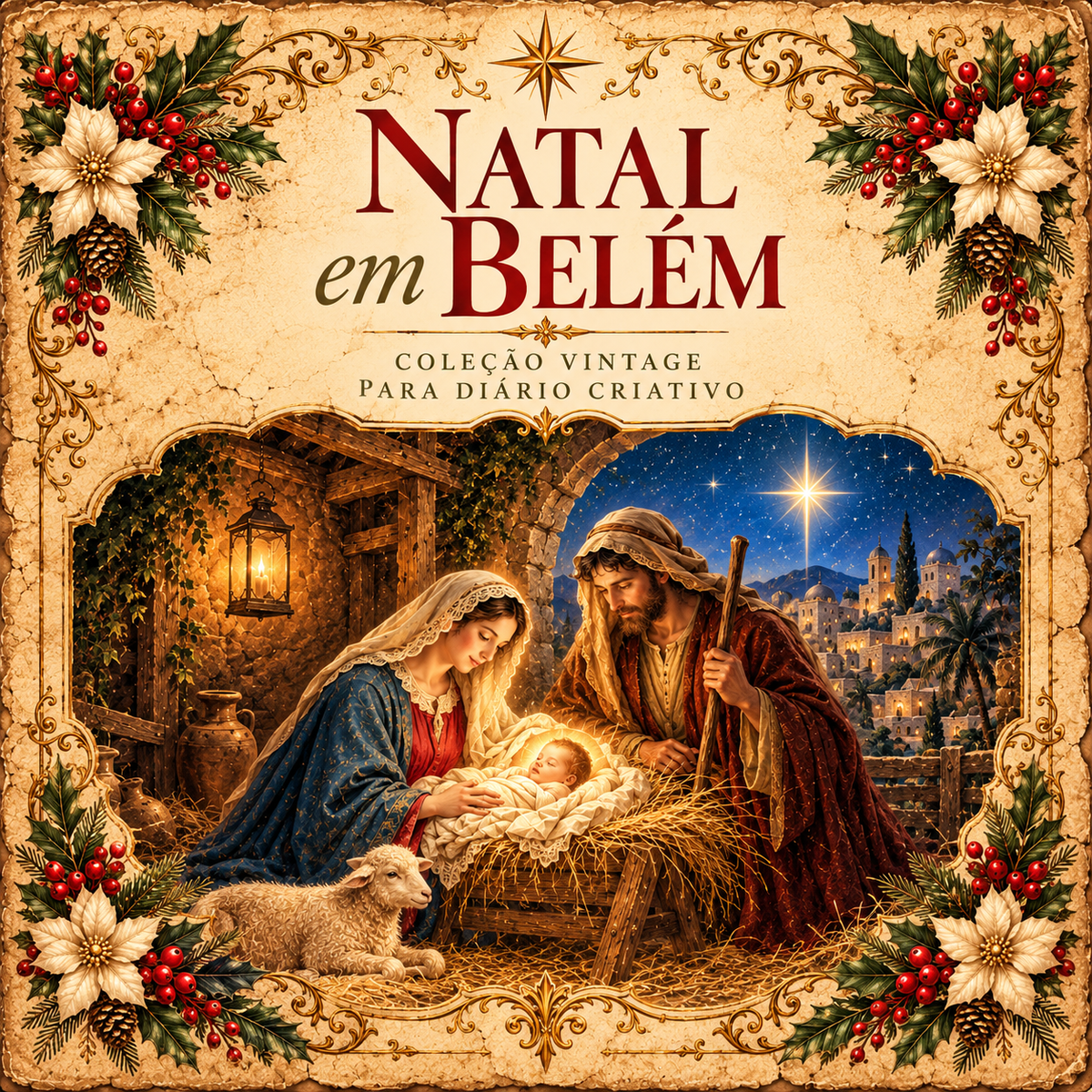 Capa do Diário Criativo Vintage Natal em Belém, com ilustração do nascimento de Jesus, Maria e José no presépio, sob a estrela de Belém.