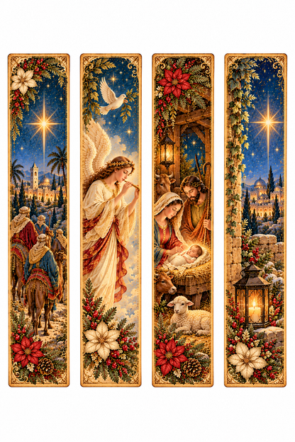 Diário Criativo Vintage Natal em Belém, com ilustração do nascimento de Jesus, Maria e José no presépio, sob a estrela de Belém.