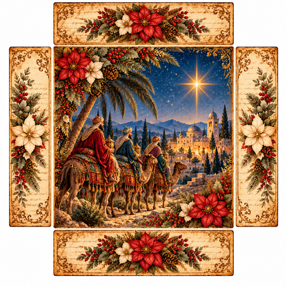 Diário Criativo Vintage Natal em Belém, com ilustração do nascimento de Jesus, Maria e José no presépio, sob a estrela de Belém.