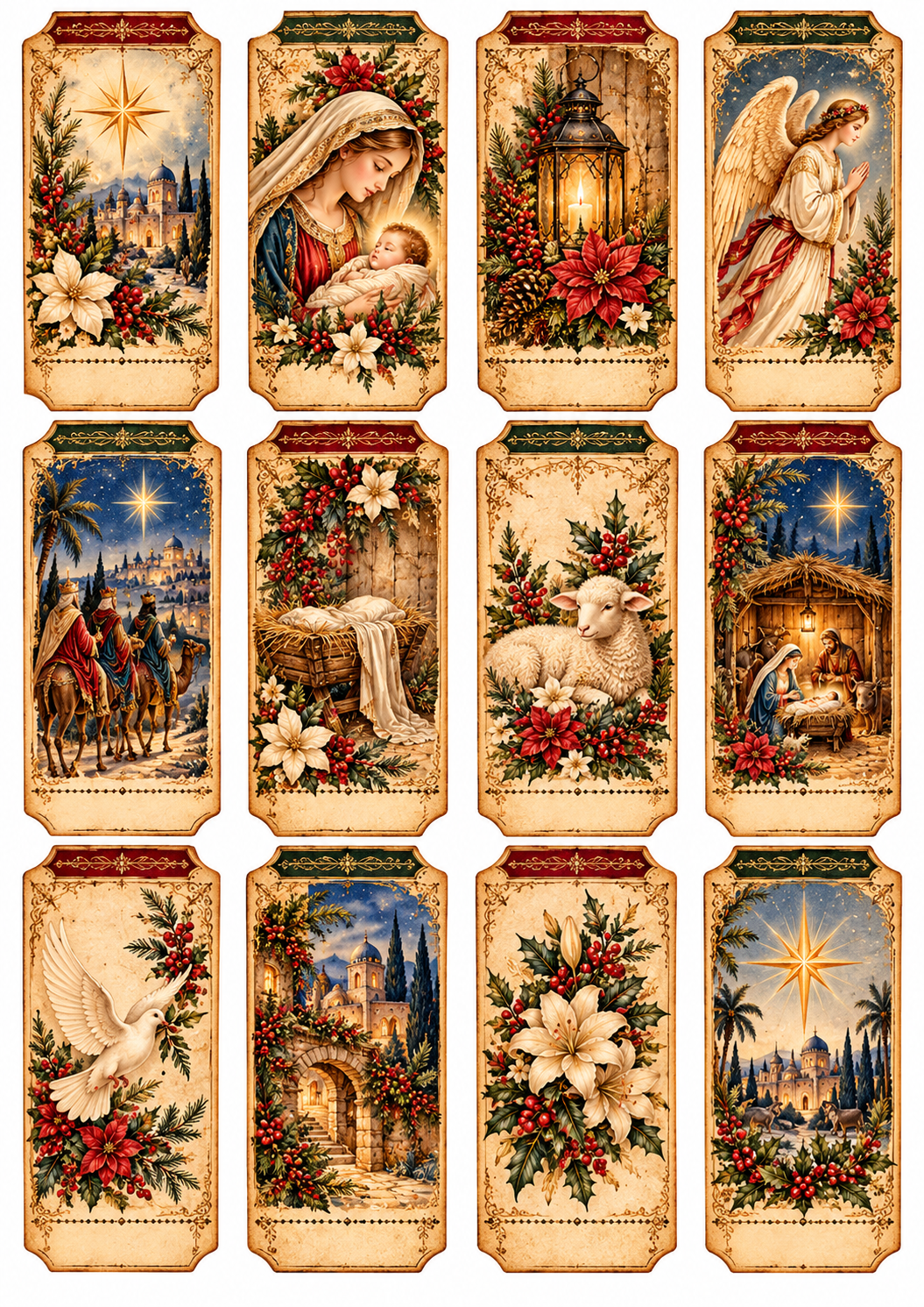 Diário Criativo Vintage Natal em Belém, com ilustração do nascimento de Jesus, Maria e José no presépio, sob a estrela de Belém.