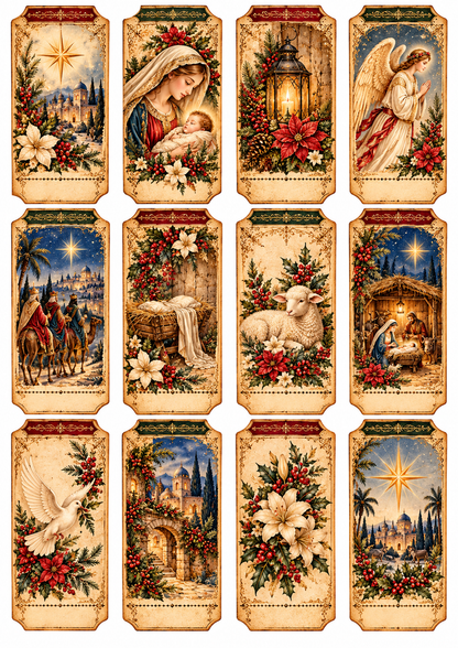 Diário Criativo Vintage Natal em Belém, com ilustração do nascimento de Jesus, Maria e José no presépio, sob a estrela de Belém.