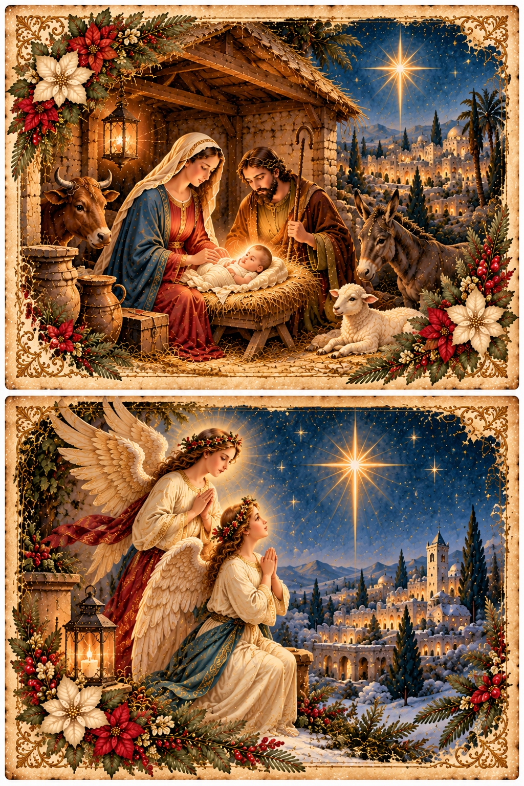 Diário Criativo Vintage Natal em Belém, com ilustração do nascimento de Jesus, Maria e José no presépio, sob a estrela de Belém.