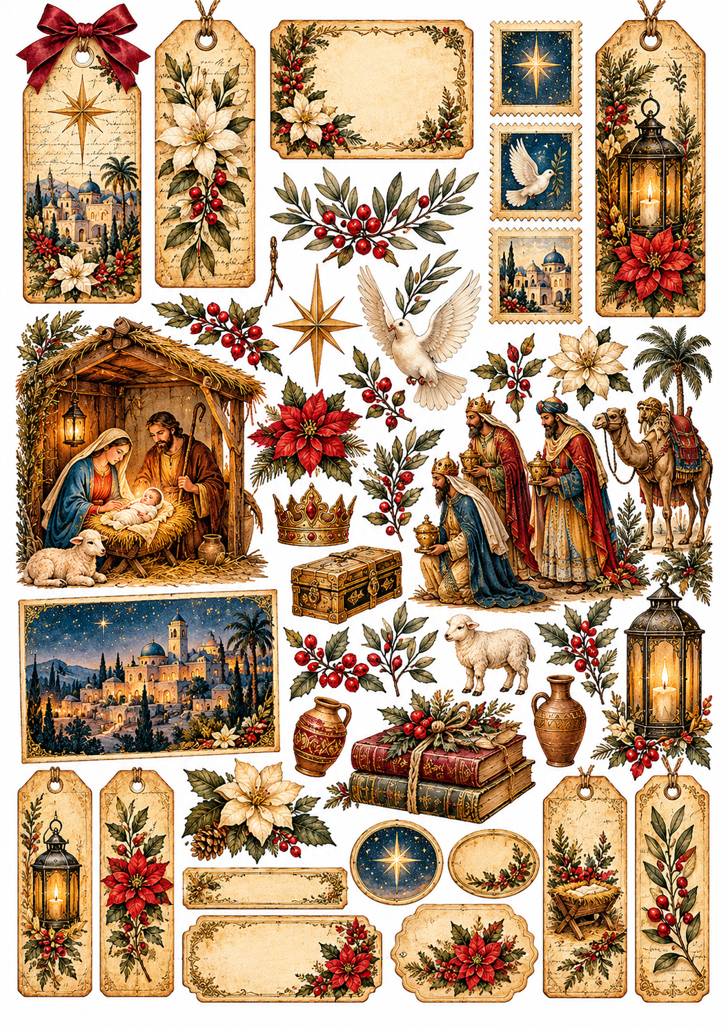 Diário Criativo Vintage Natal em Belém, com ilustração do nascimento de Jesus, Maria e José no presépio, sob a estrela de Belém.