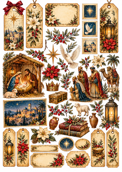 Diário Criativo Vintage Natal em Belém, com ilustração do nascimento de Jesus, Maria e José no presépio, sob a estrela de Belém.