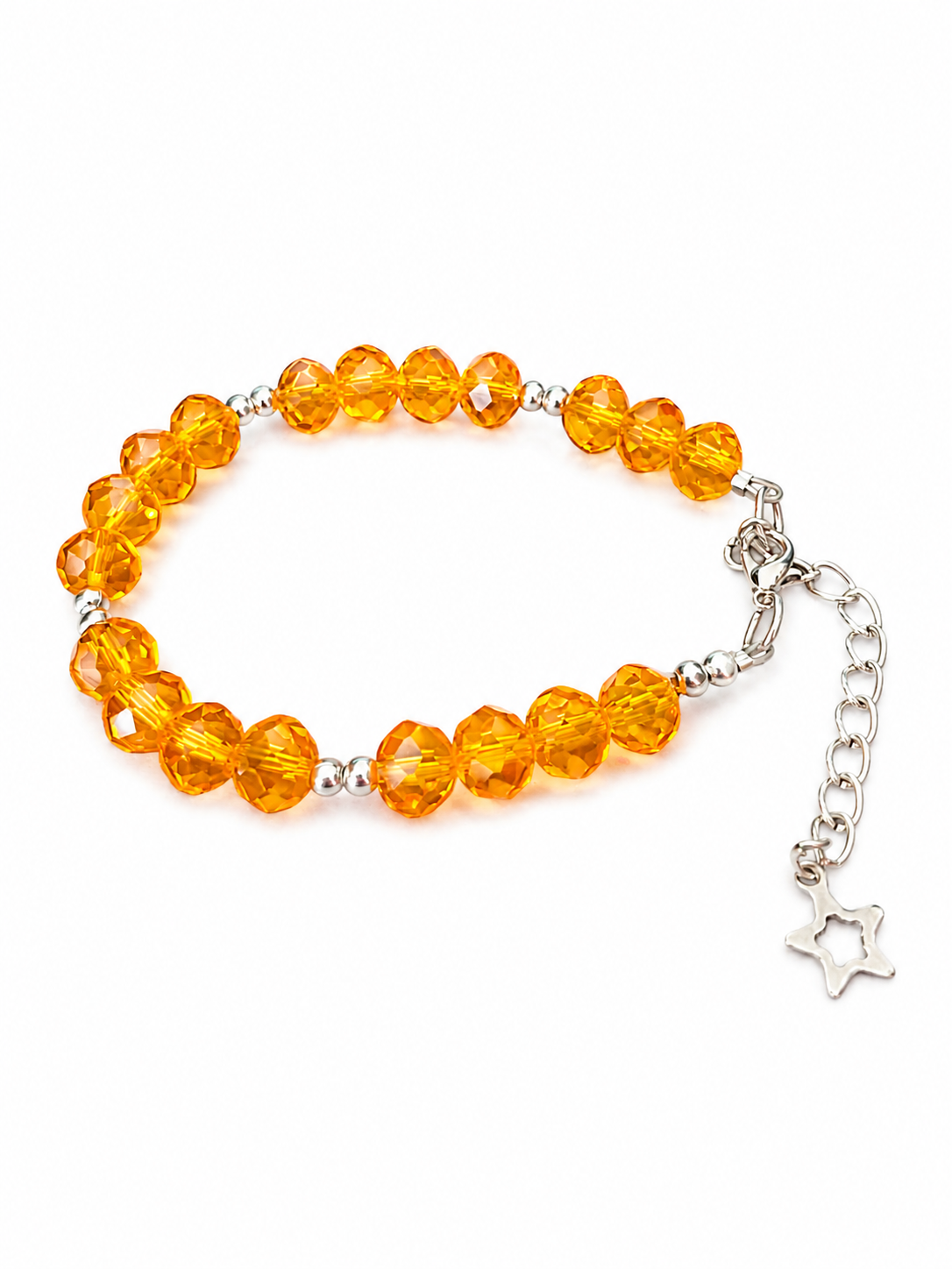 An orange faceted crystal beaded bracelet with silver spacer beads and a silver-tone clasp featuring an extender chain and a Star charm.