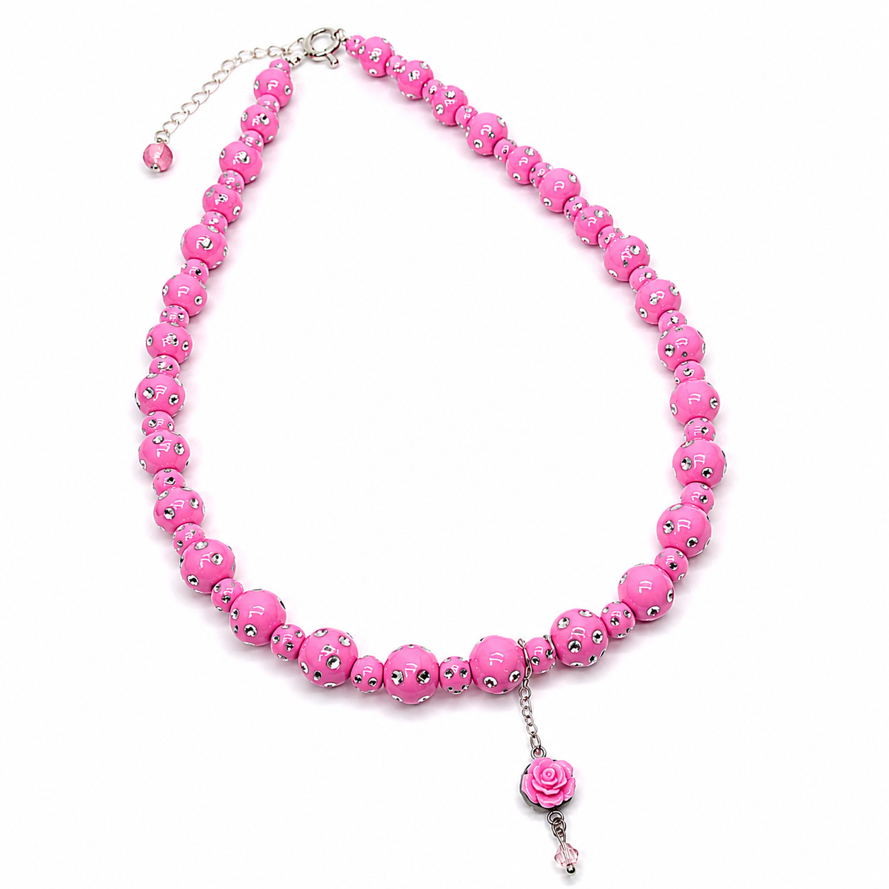Pink beads necklace with rose pendant