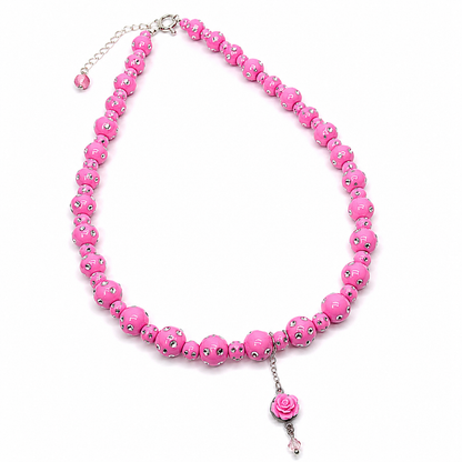Pink beads necklace with rose pendant