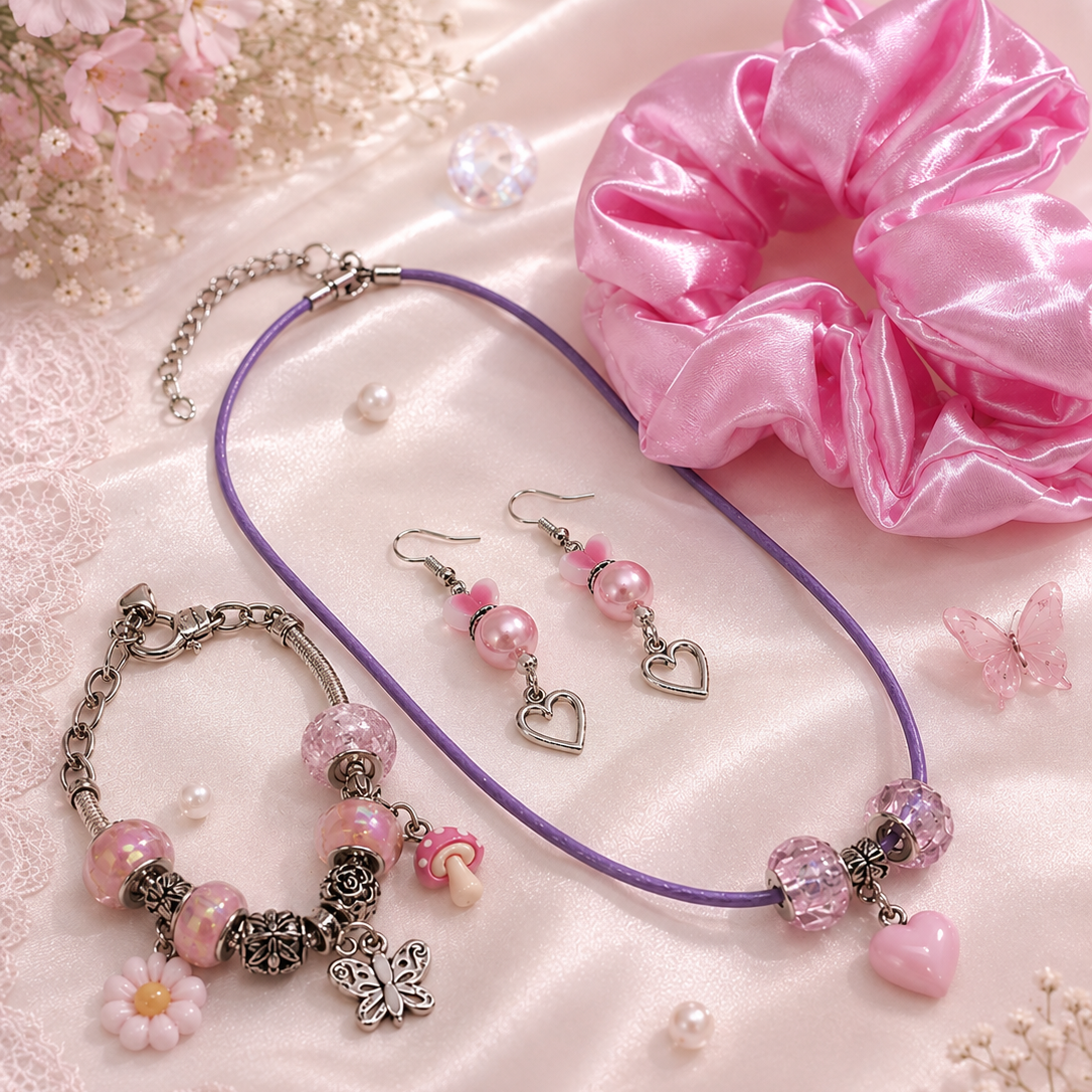 Necklace with pink heart and beads, matching bracelet with charms, dangling earrings, pink satin hair scrunchie