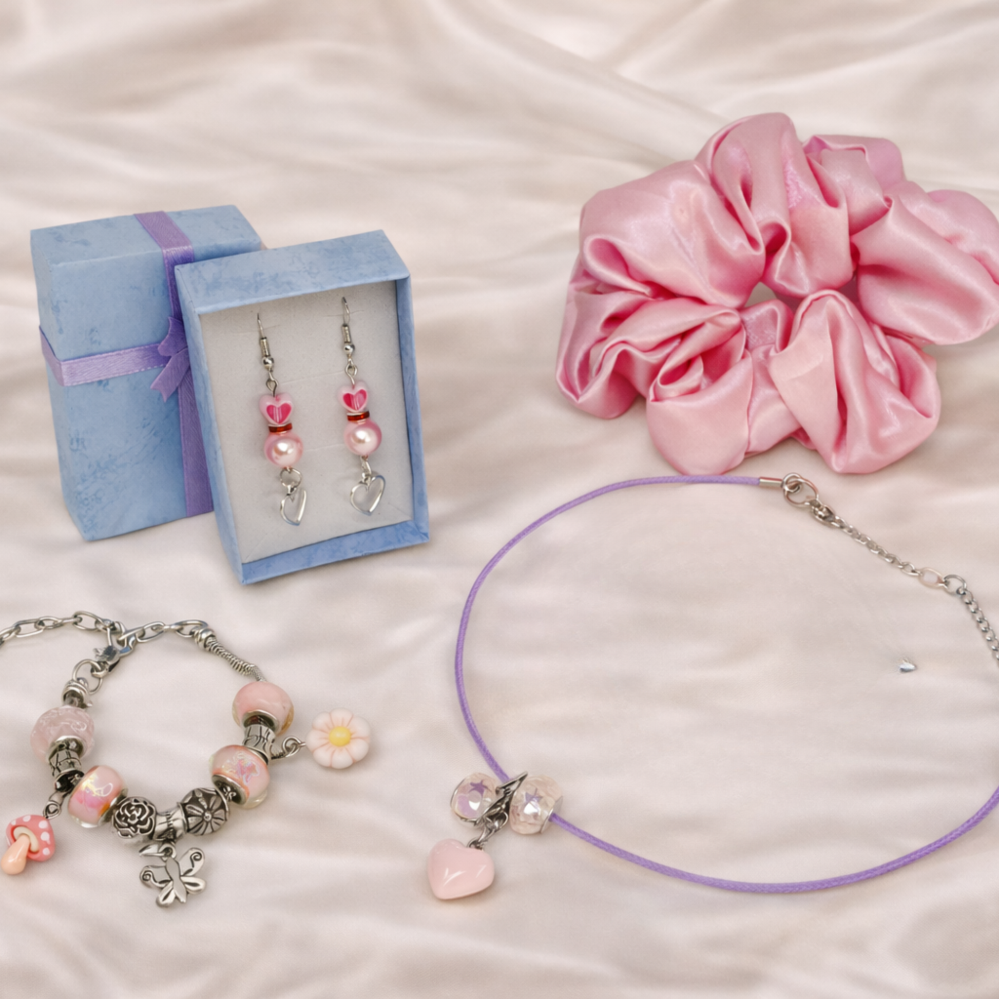 Necklace with pink heart and beads, matching bracelet with charms, dangling earrings, pink satin hair scrunchie