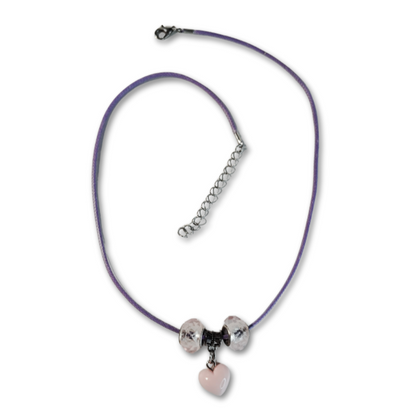 Purple cord necklace with pink heart and pink beads.