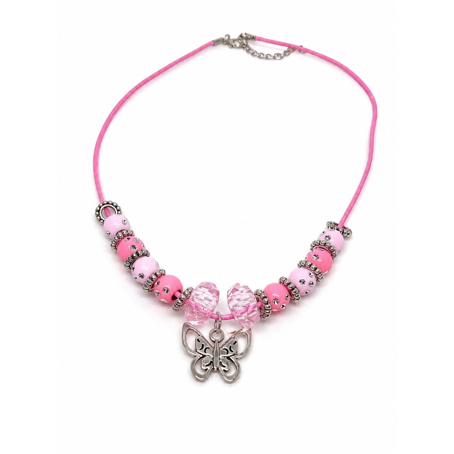 Pink rope necklace with pink beads and silver butterfly
