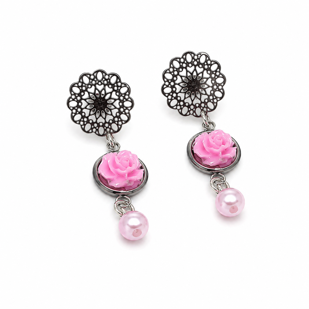 Pink rose earrings with pink pearl