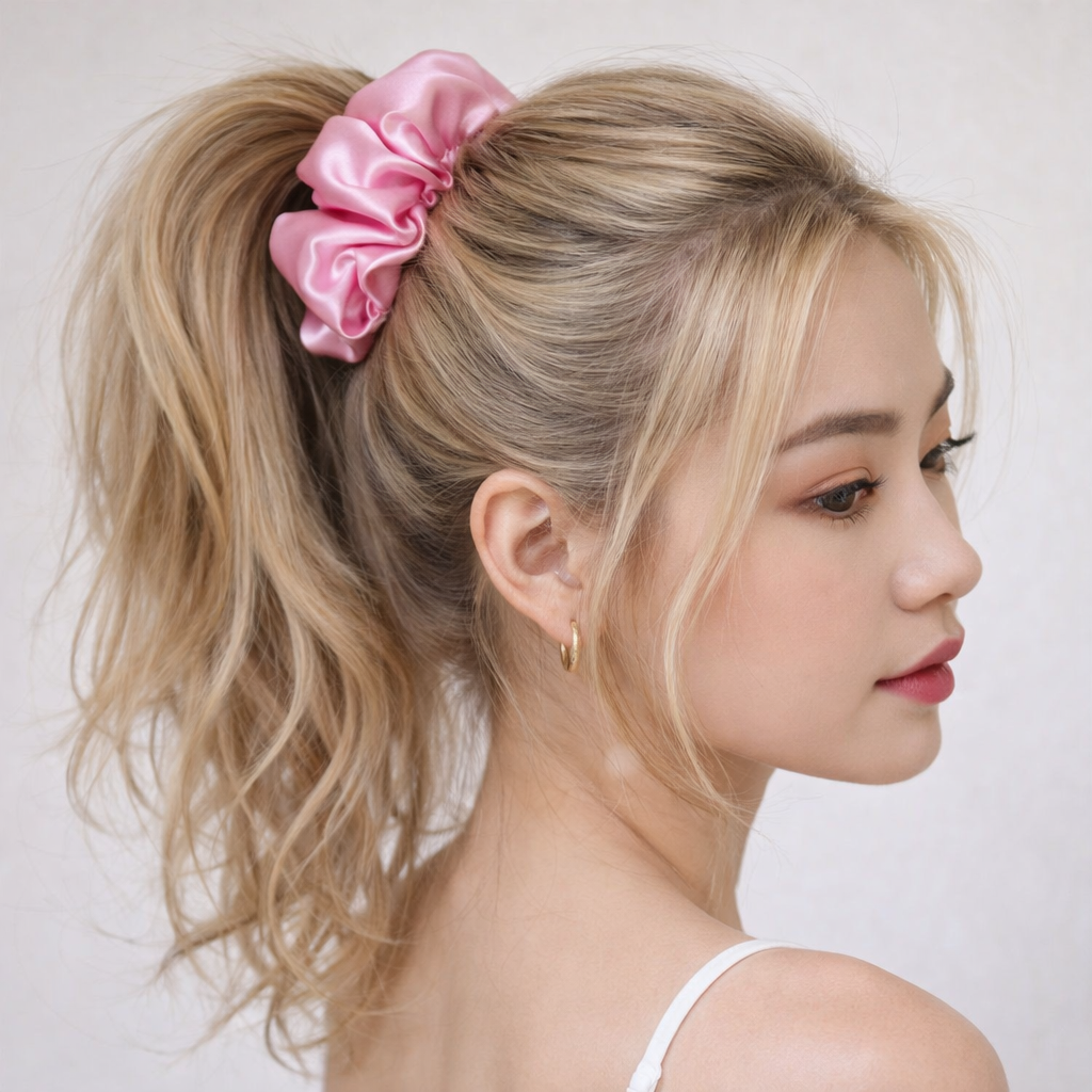 Pink satin hair scrunchie