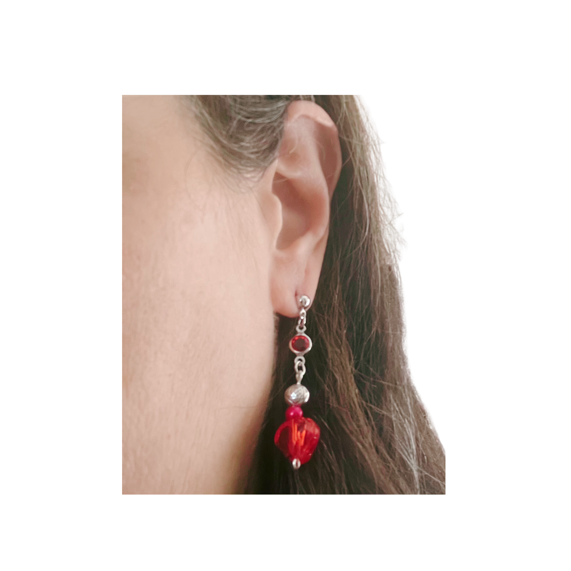 Red heart and silver bead dangling earrings