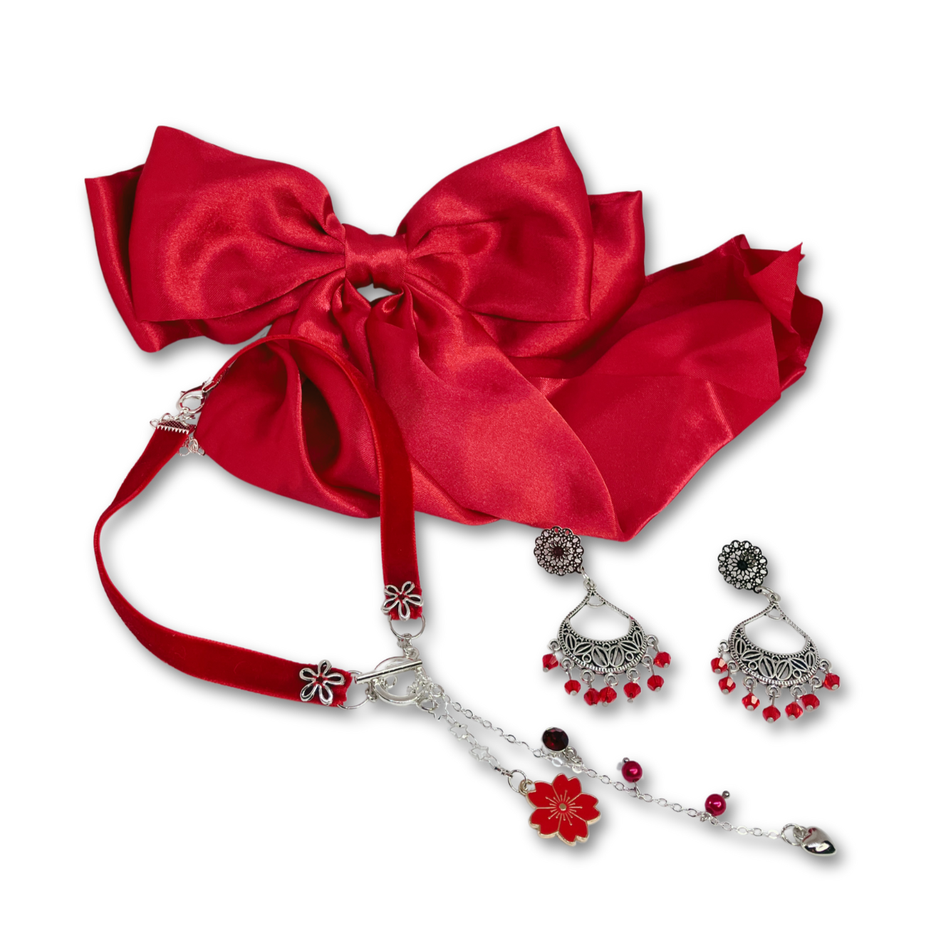 Red Velvet Blossom gift set consist of velvet necklace, dangling earrings and satin hair bow.