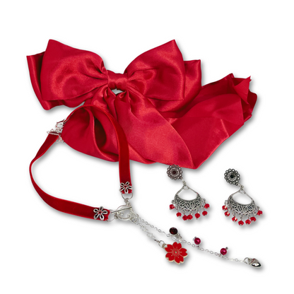 Red Velvet Blossom gift set consist of velvet necklace, dangling earrings and satin hair bow.