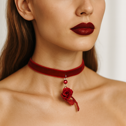 Red velvet choker necklace with a red rose pendant.