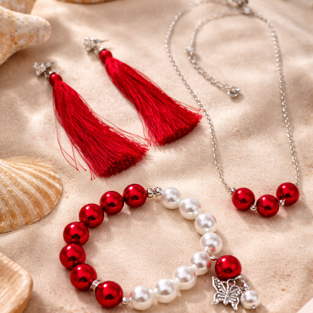 Dangling earrings, necklace and matching bracelet