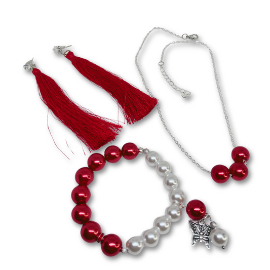 Make a statement with the Ruby Elegance Jewelry Set, a beautifully handcrafted collection designed to elevate your style. Featuring a sophisticated blend of red and white pearls, this set includes a beaded bracelet, a matching necklace, and bold red tassel earrings—perfect for adding a touch of glamour to any outfit.