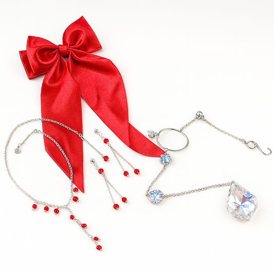 Radiant Red gift set includes necklace, matching earrings, sun-catcher, satin red bow for hair. Packaged in a red gift bag. 
