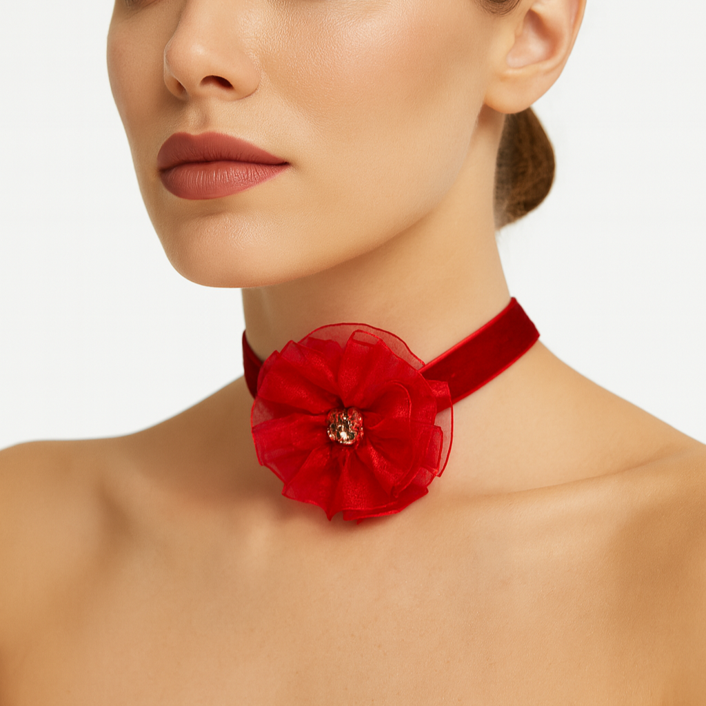 Red velvet choker with red rose