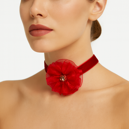 Red velvet choker with red rose
