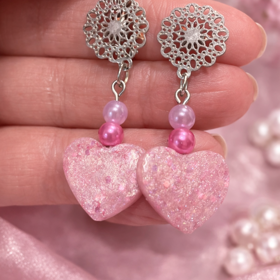 Resin pink hearts earrings