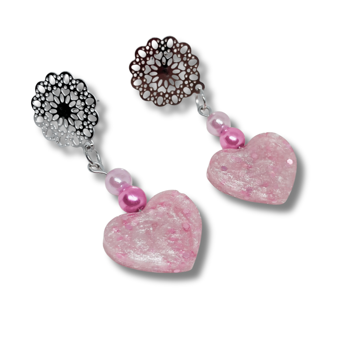 Resin pink heart earrings with beads