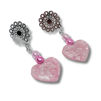 Resin pink heart earrings with beads