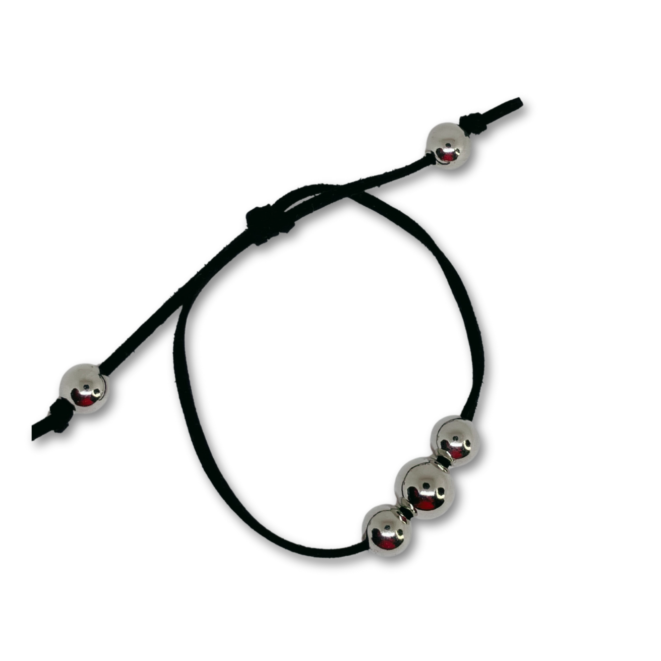 Adjustable black suede cord bracelet with silver beads.
