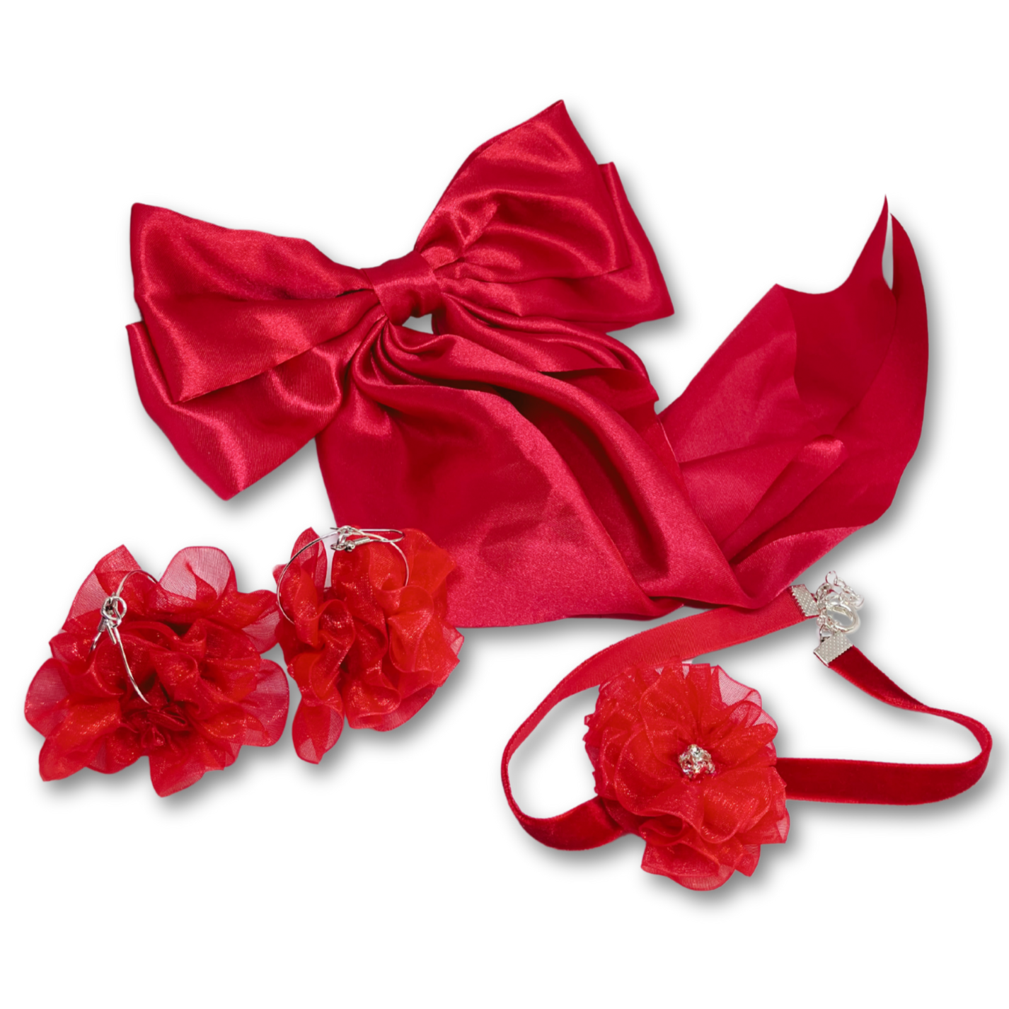 This gift set consists of a pair of organza flower earrings in red, red velvet choker with organza flower and red satin long hair bow. Gift bag. 