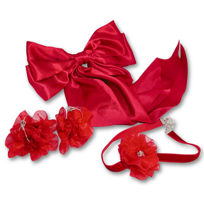 This gift set consists of a pair of organza flower earrings in red, red velvet choker with organza flower and red satin long hair bow. Gift bag. 